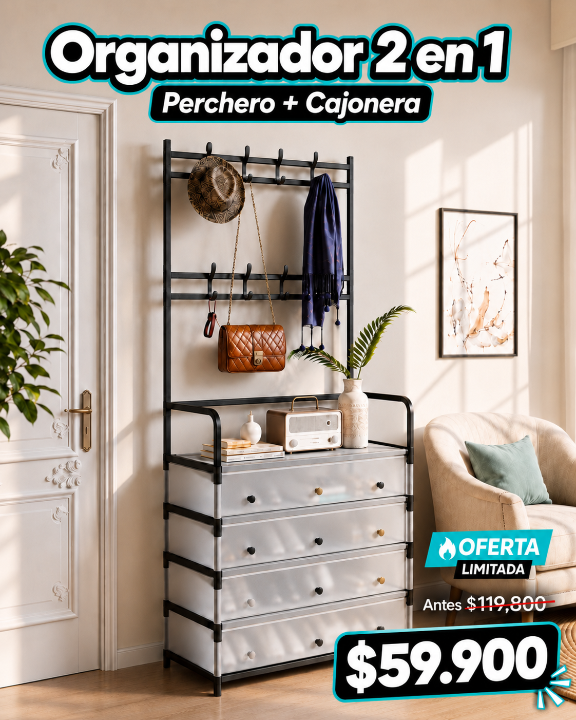 Zapatero Perchero Organizador Multifuncional 5 Niveles + Cajones