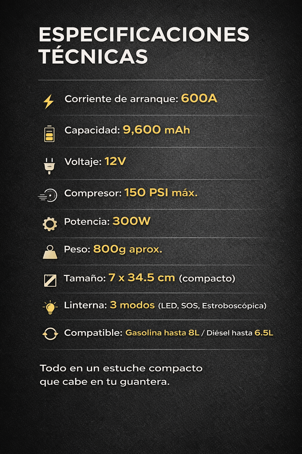Kit de Emergencia Vehicular 5 en 1 — Arrancador Portátil + Compresor + Linterna