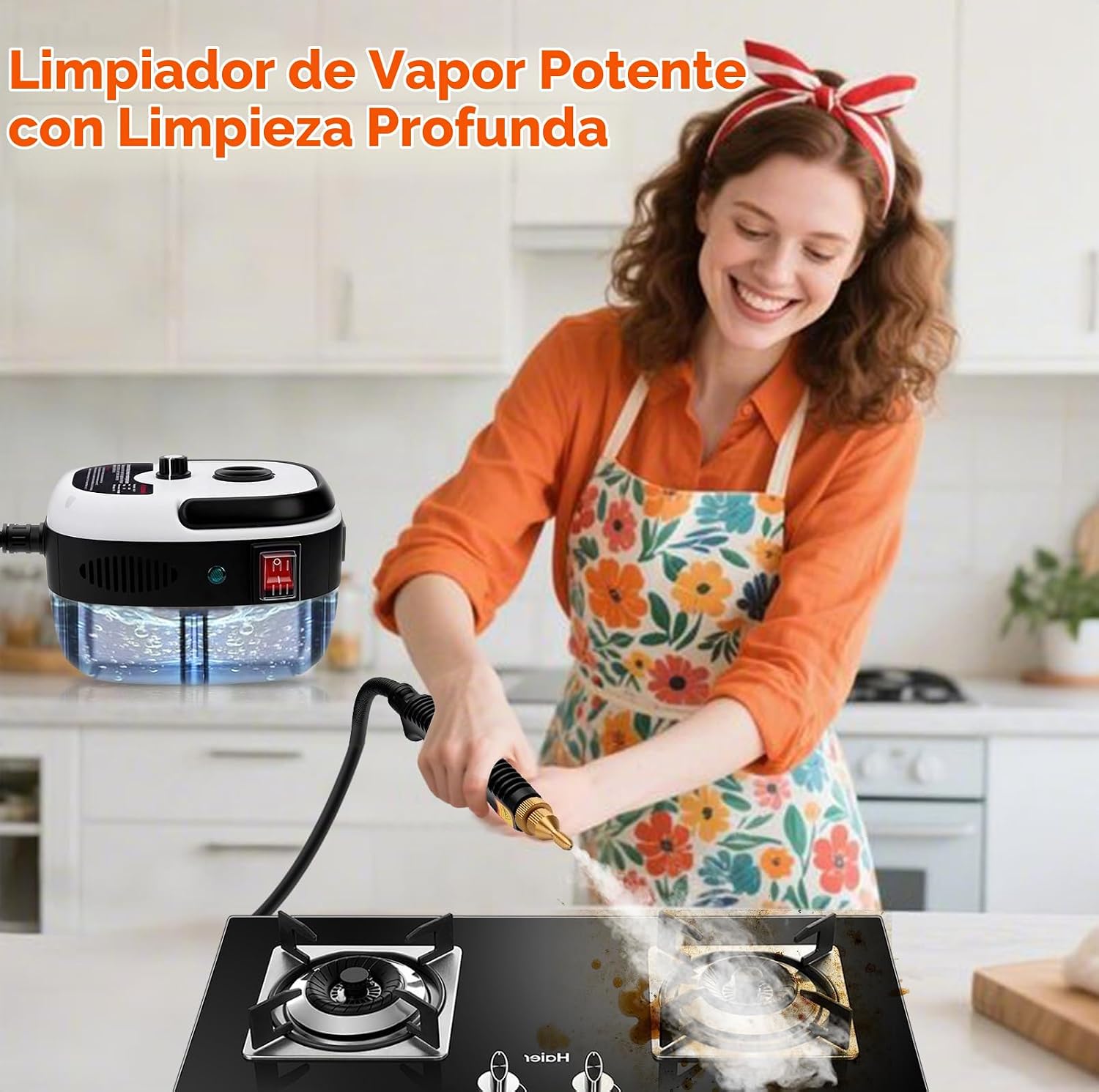 Limpiador a vapor limpiando una estufa con grasa