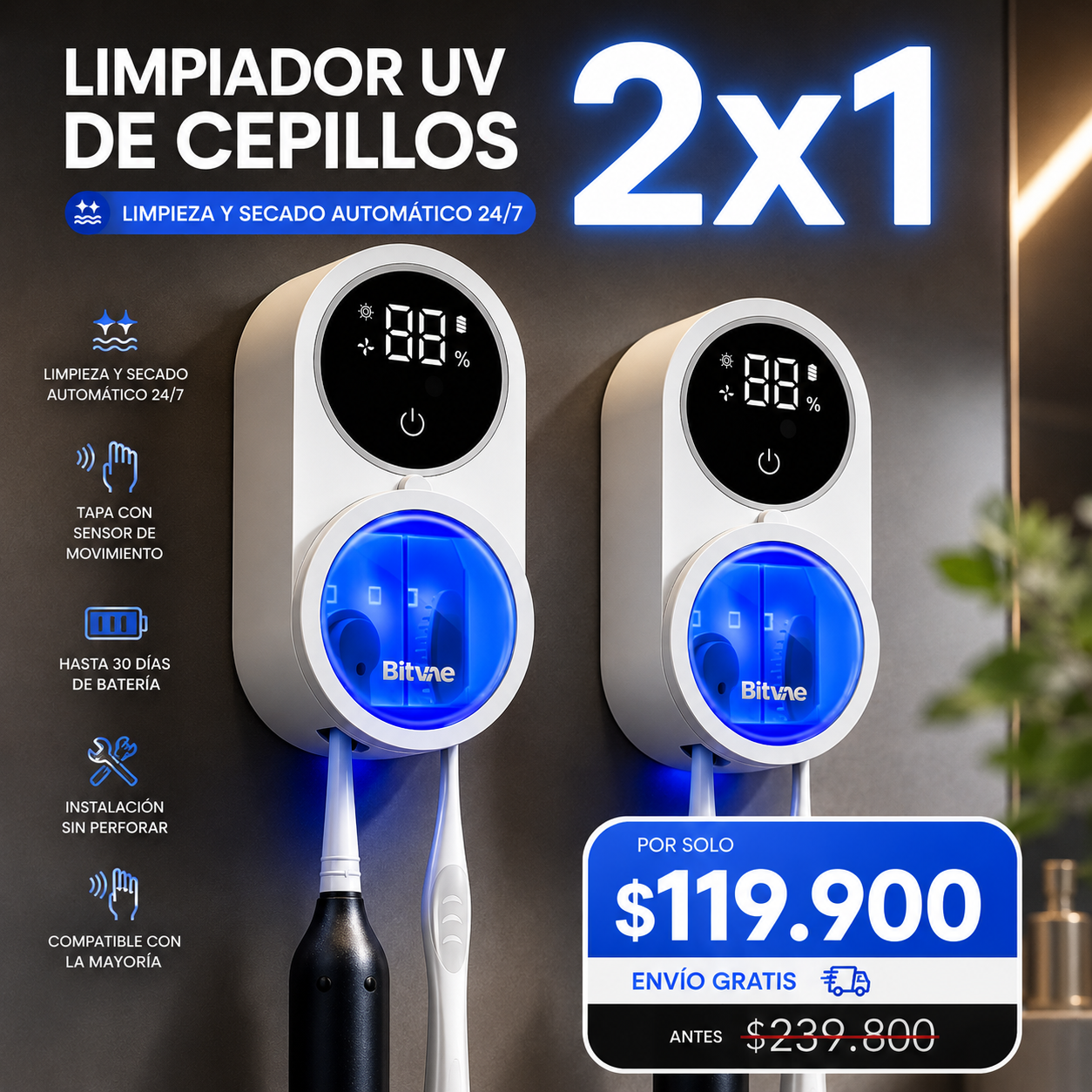 COMBO 2x1 Porta Cepillos Inteligente UV — con sensor de movimiento, secado y pantalla LED