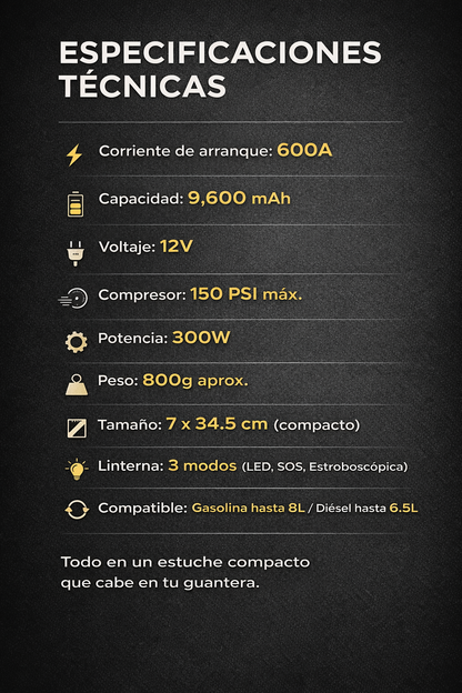 Kit de Emergencia Vehicular 5 en 1 — Arrancador Portátil + Compresor + Linterna