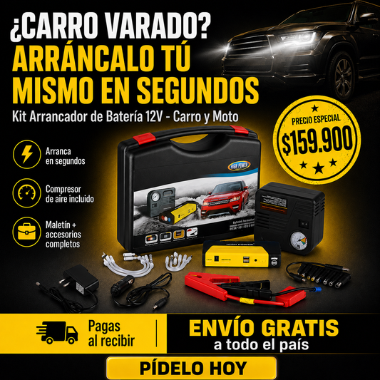 Kit de Emergencia Vehicular 5 en 1 — Arrancador Portátil + Compresor + Linterna