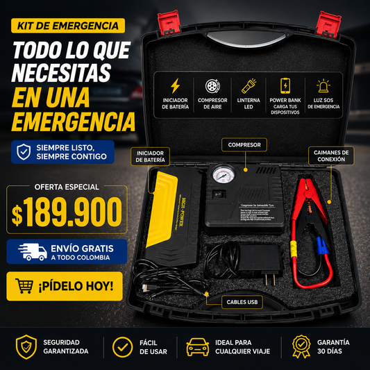 Kit de Emergencia Vehicular 5 en 1 — Arrancador Portátil + Compresor + Linterna
