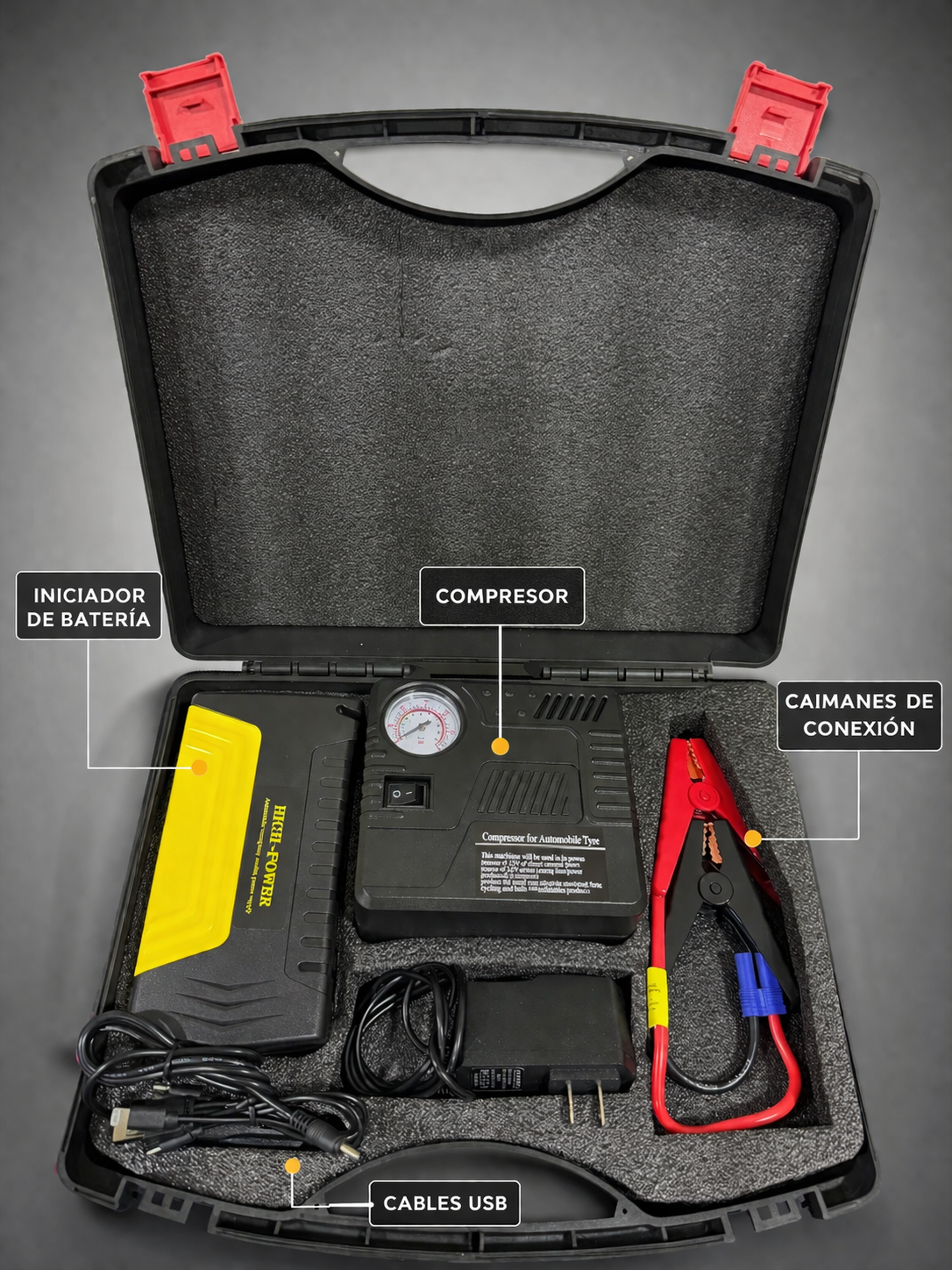 Kit de Emergencia Vehicular 5 en 1 — Arrancador Portátil + Compresor + Linterna