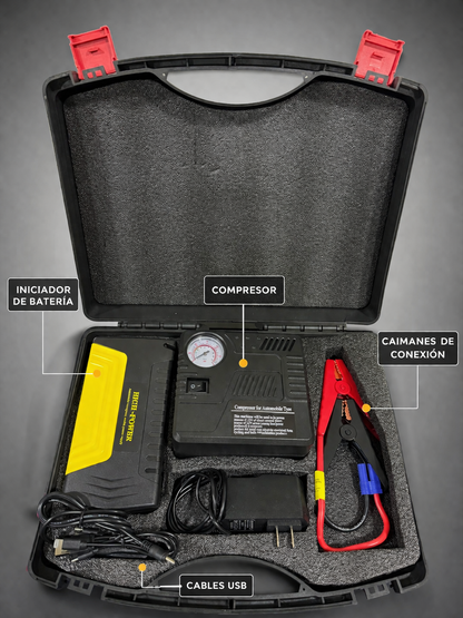 Kit de Emergencia Vehicular 5 en 1 — Arrancador Portátil + Compresor + Linterna